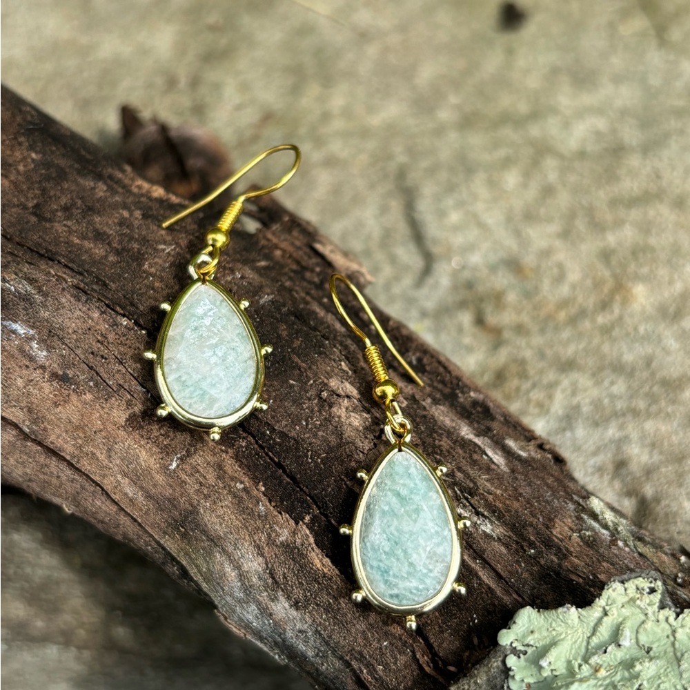 Genuine Amazonite Dangle Tear Drop Earrings - Picture 5 of 7